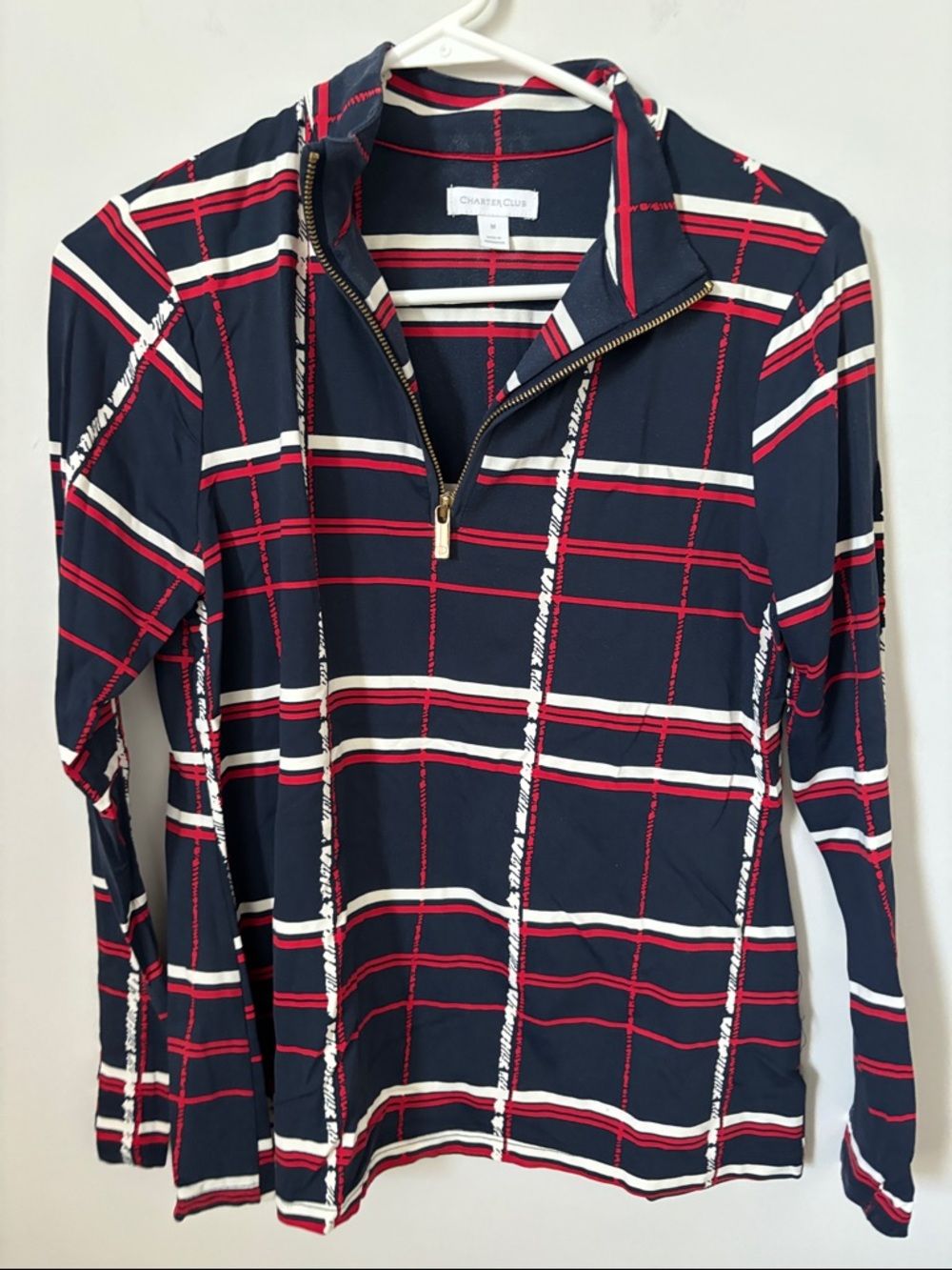 Charter Club Navy Plaid Quarter-Zip Pullover with Red & White Accents